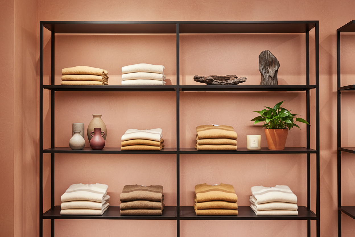 Boutique shelving with home goods and clothing