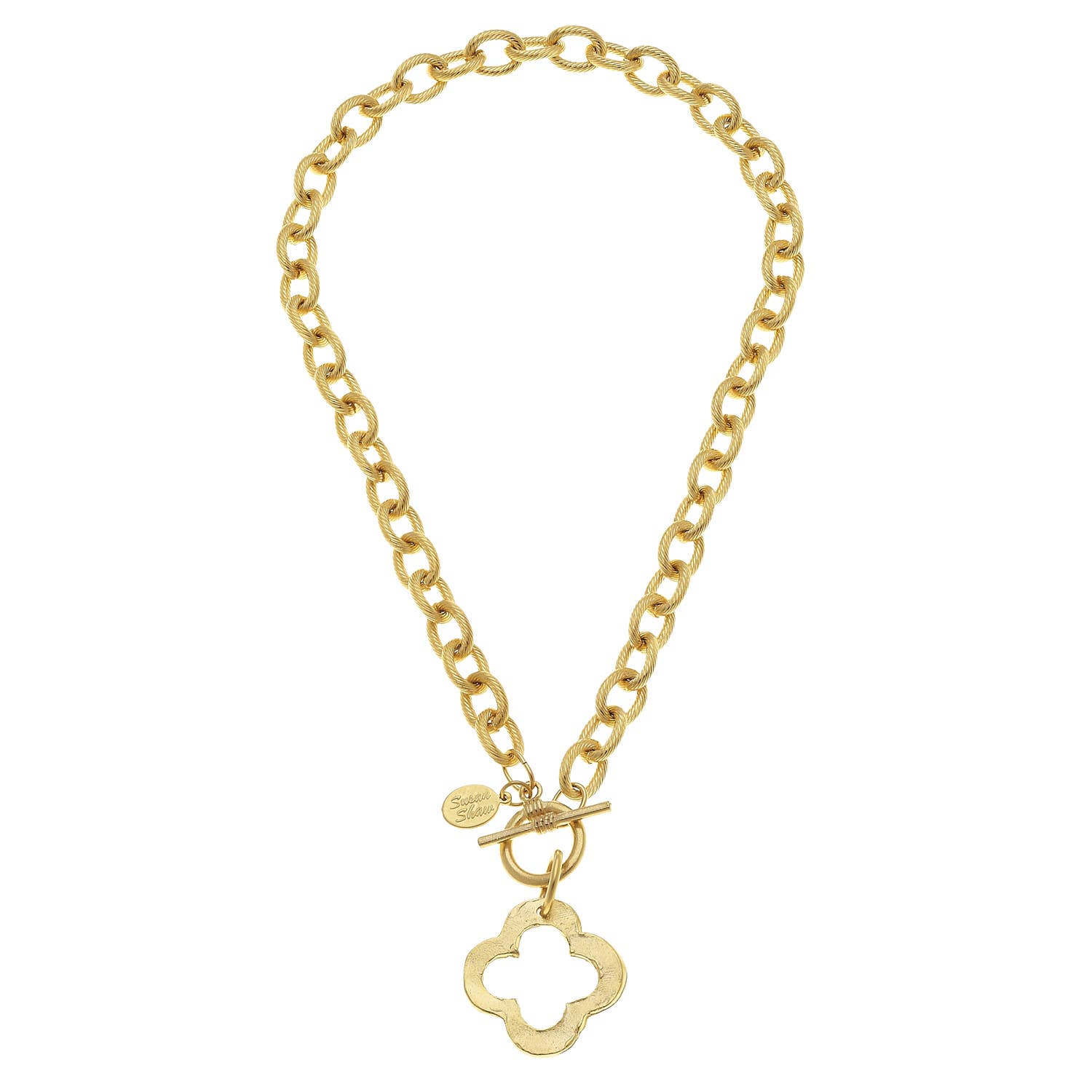 Gold chain necklace with a clover-shaped pendant on a white background