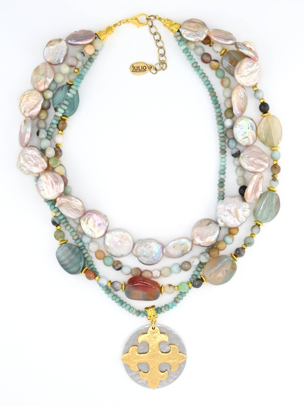 Earthbound! Julio Designs Blue Heron Amazonite Layered Necklace – Multi-Strand Gemstones & Maltese Cross Pendant