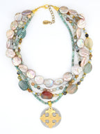 Earthbound! Julio Designs Blue Heron Amazonite Layered Necklace – Multi-Strand Gemstones & Maltese Cross Pendant