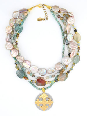 Earthbound! Julio Designs Blue Heron Amazonite Layered Necklace – Multi-Strand Gemstones & Maltese Cross Pendant