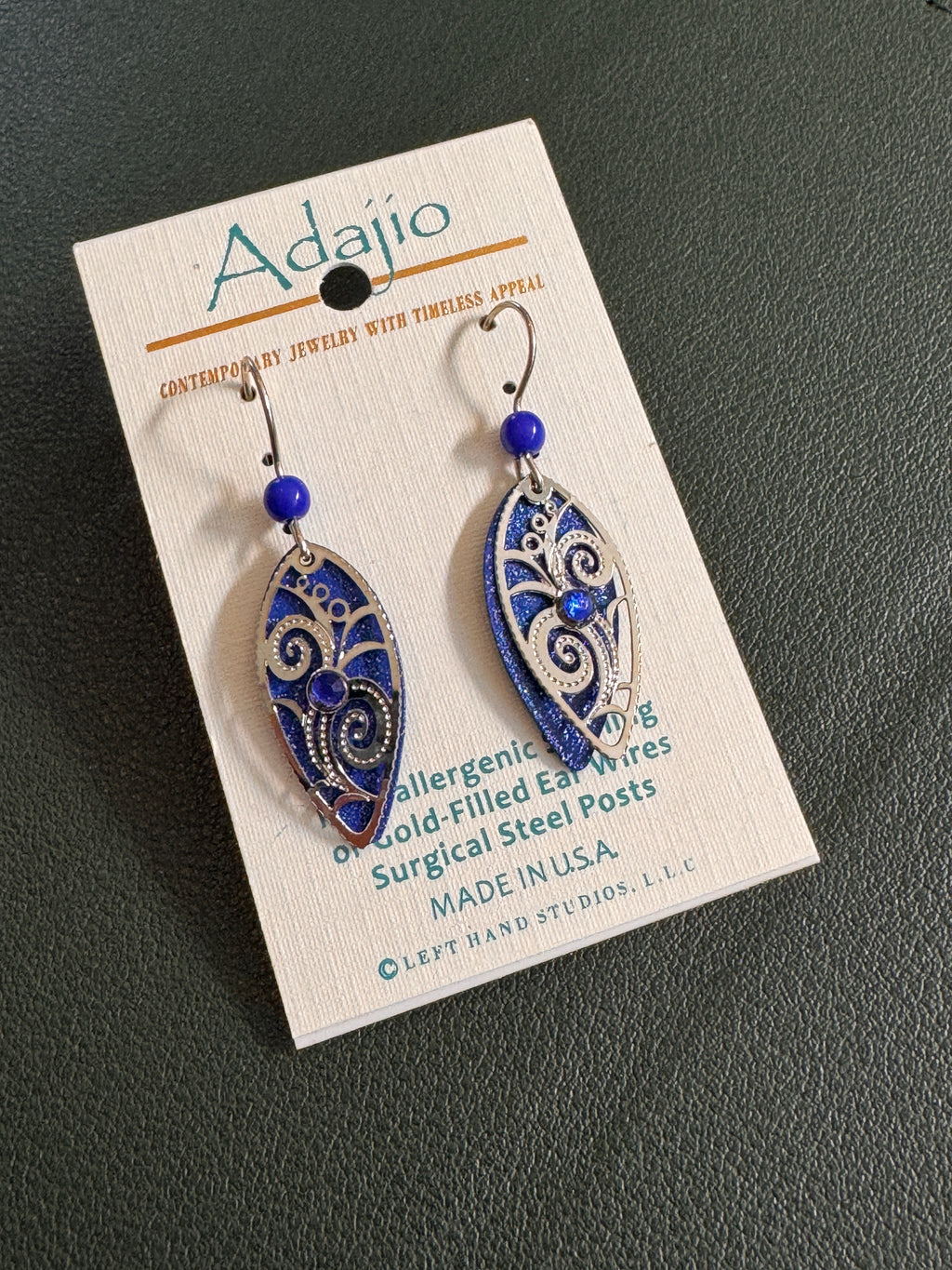 Silver and blue earrings with a bead and rhinestone on a card labeled Adajio