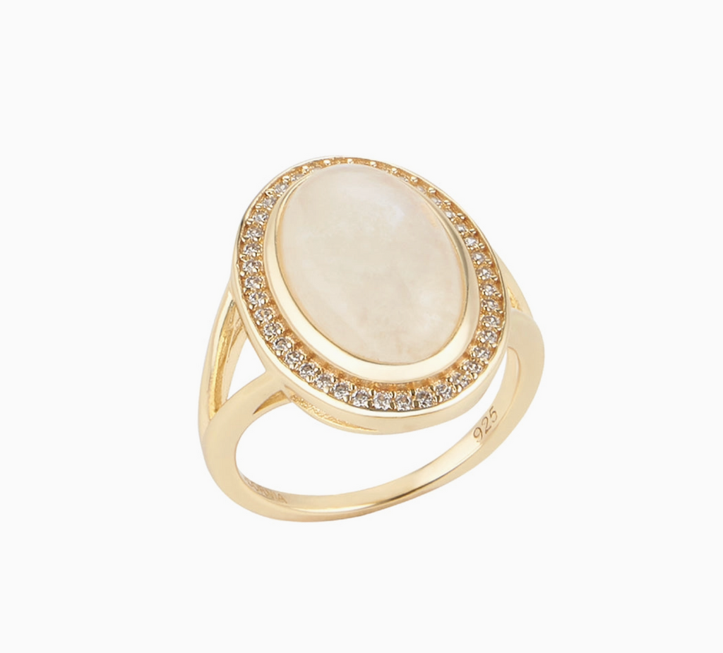 Luminous! Adornia Moonstone Halo Ring – 14k Gold Vermeil - Size 6