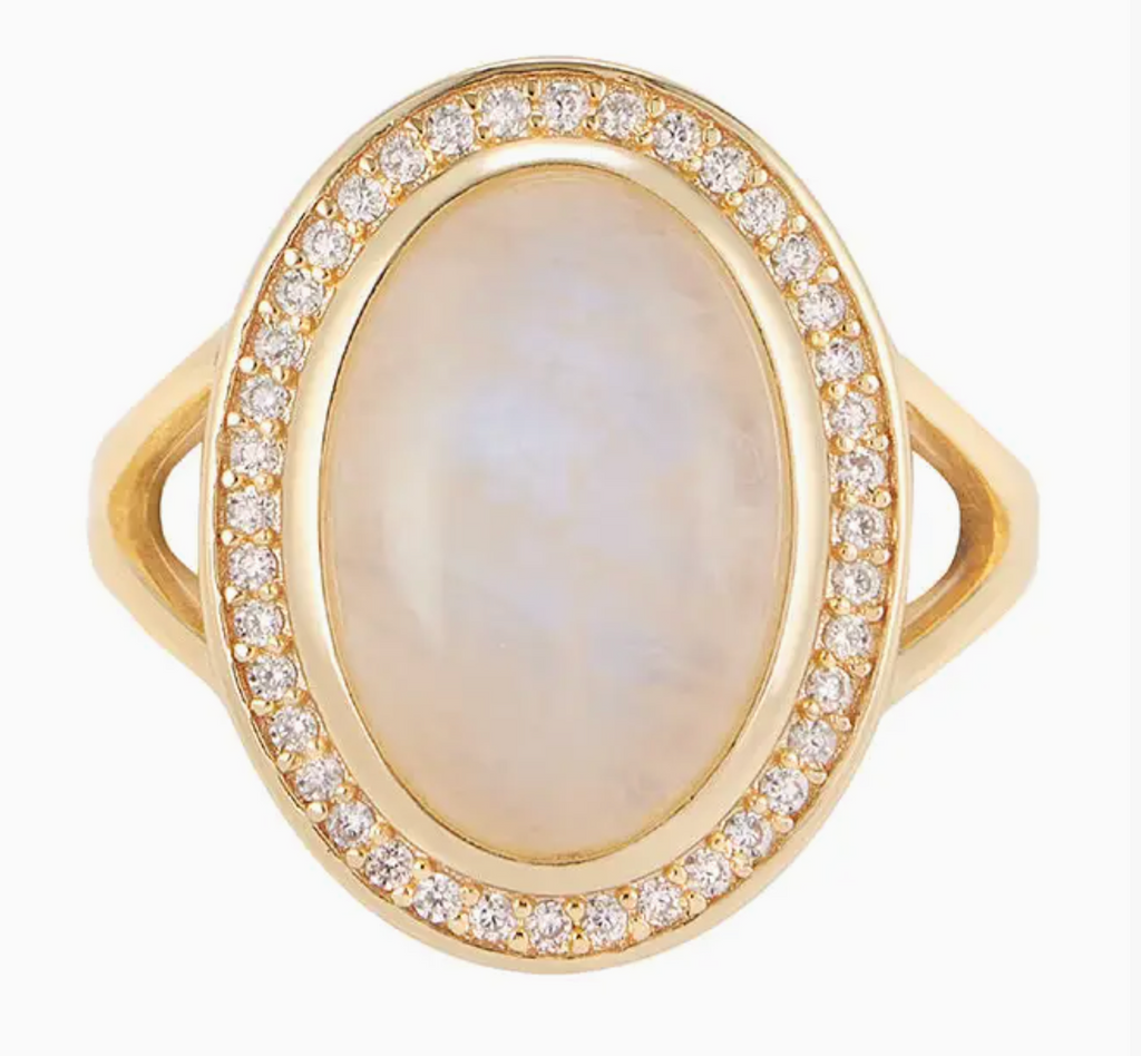 Luminous! Adornia Moonstone Halo Ring – 14k Gold Vermeil - Size 6