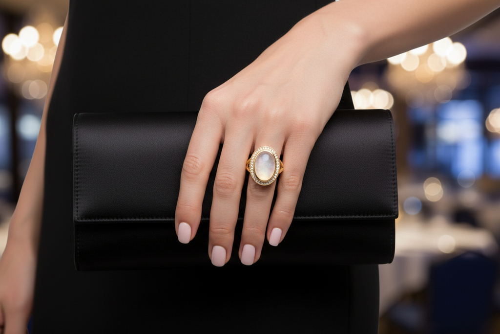 Woman wearing ring clutching black evening bag