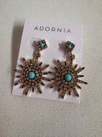 Pair of sunflower-shaped earrings with turquoise stones on a branded card against a textured gray background.