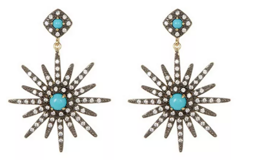 Pair of star-shaped earrings with turquoise stones on a white background