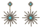 Pair of star-shaped earrings with turquoise stones on a white background