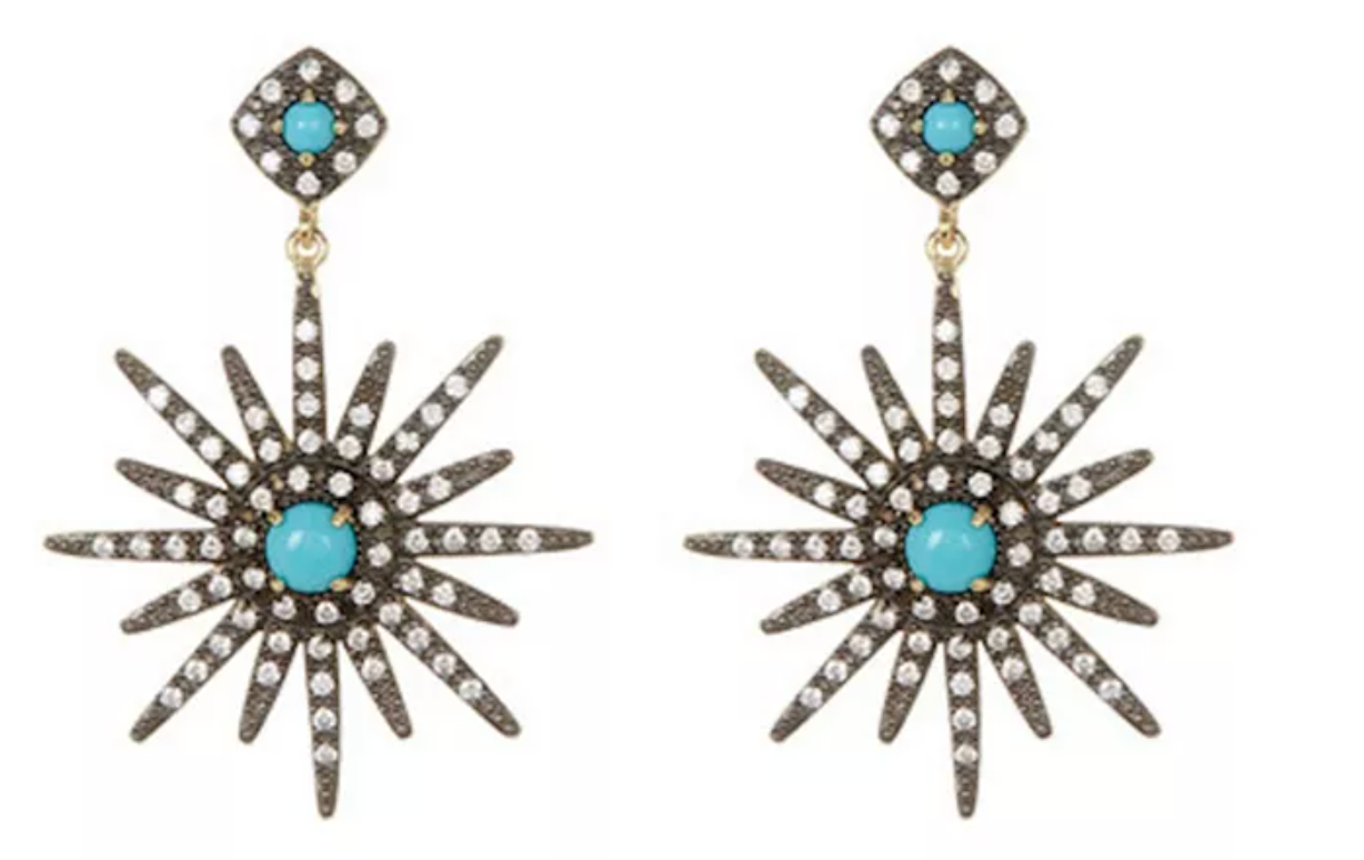 Pair of star-shaped earrings with turquoise stones on a white background
