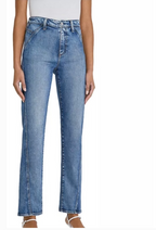 Blue jeans worn by a person on a white background