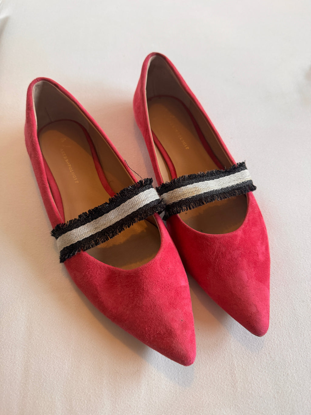 Pink pointed-toe shoes with black and white strap on a light background