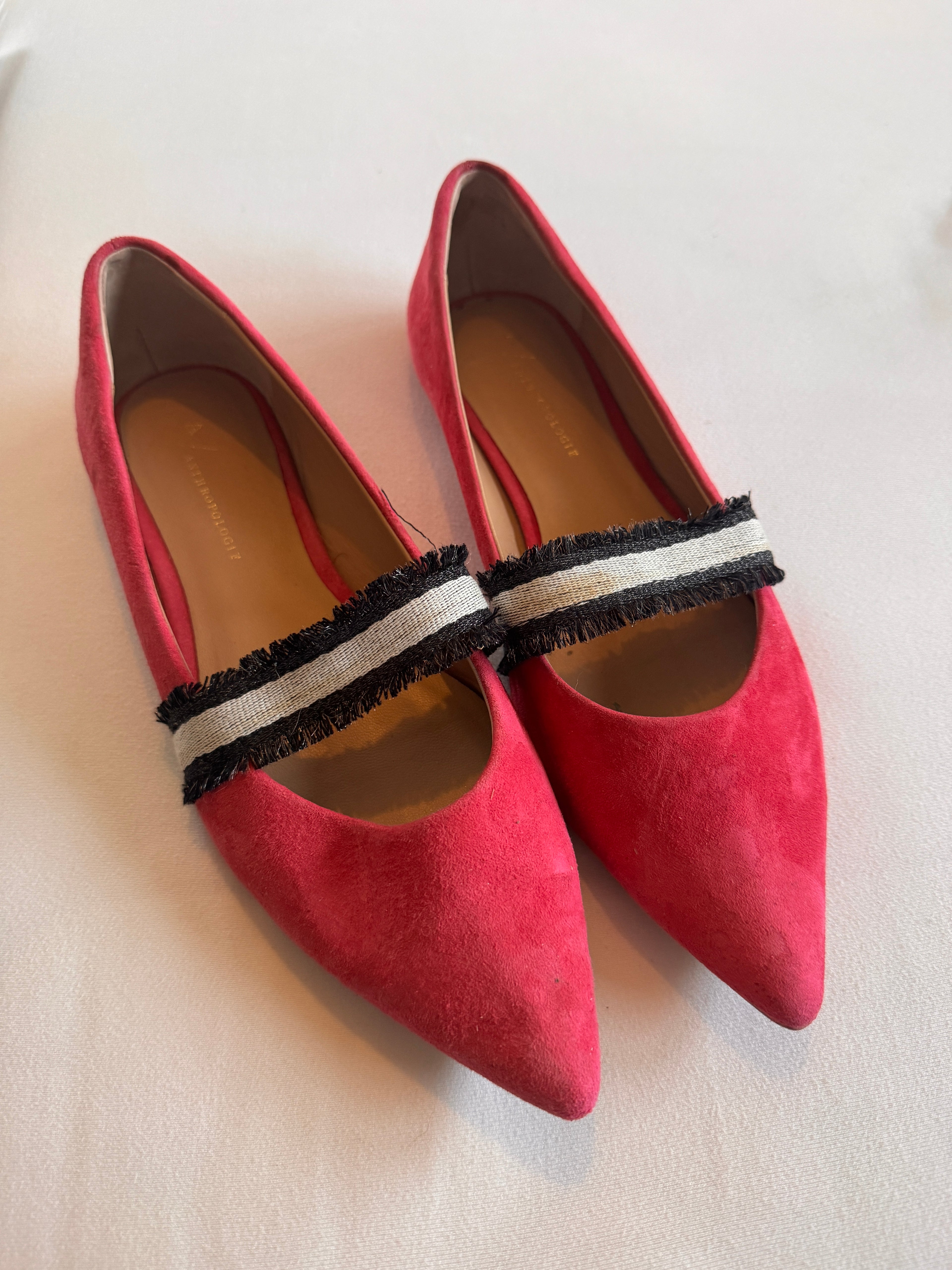 Pink pointed-toe shoes with black and white strap on a light background
