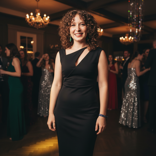 Woman in black bodycon dress at party