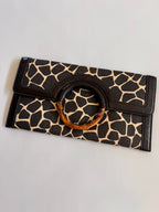 Giraffe Print Clutch Purse with wooden bamboo detail