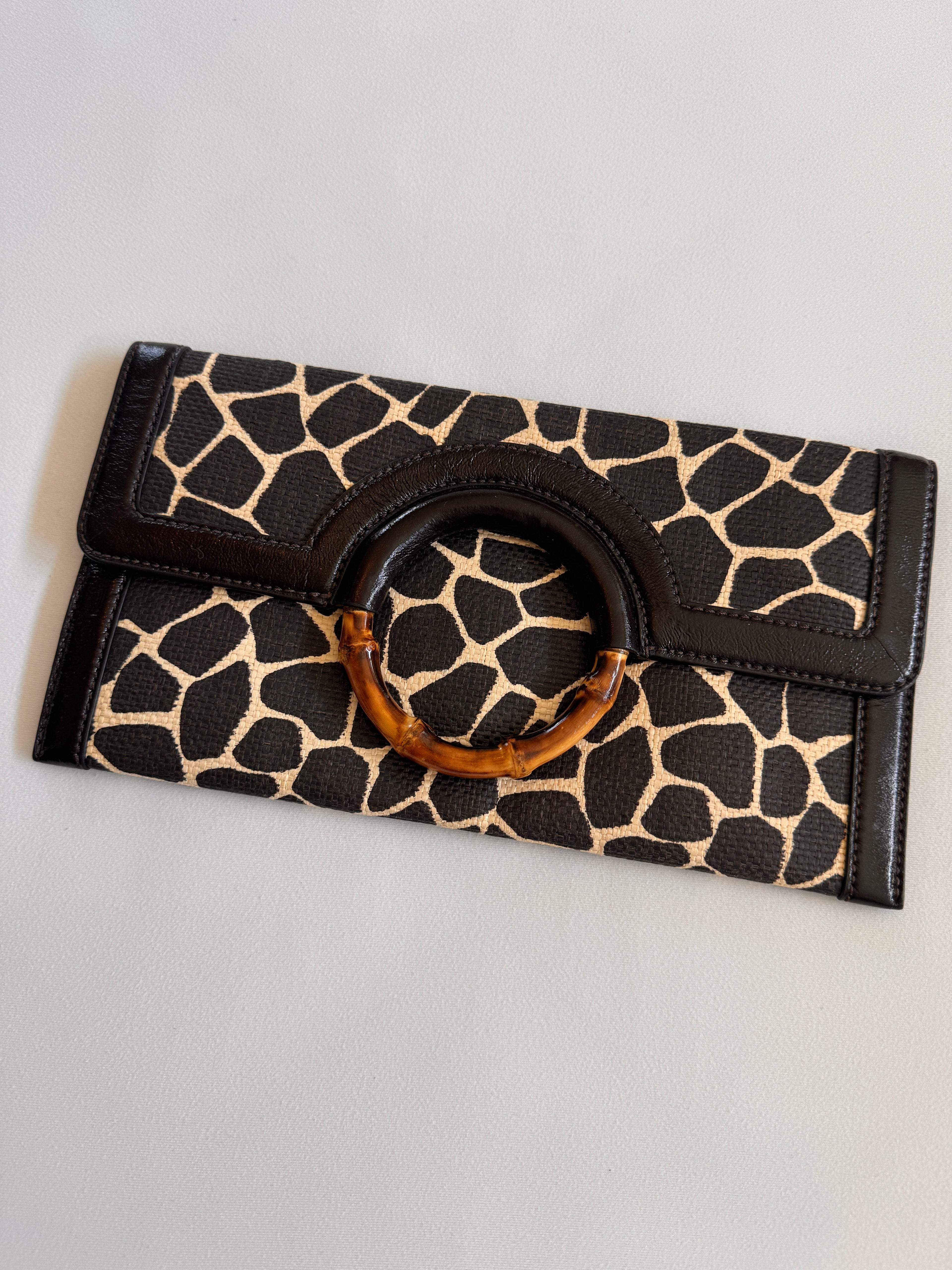 Giraffe Print Clutch Purse with wooden bamboo detail