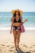 Black High-Waist Bikini with Orange Samba Tote