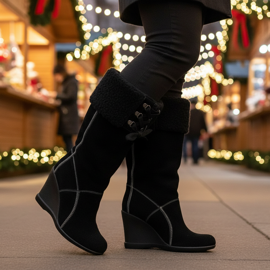 Woman at Christmas market wearing knee-high black wedge boots with shearling cuff and lacing