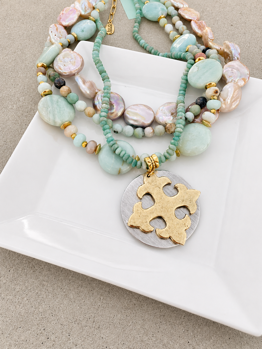Earthbound! Julio Designs Blue Heron Amazonite Layered Necklace – Multi-Strand Gemstones & Maltese Cross Pendant