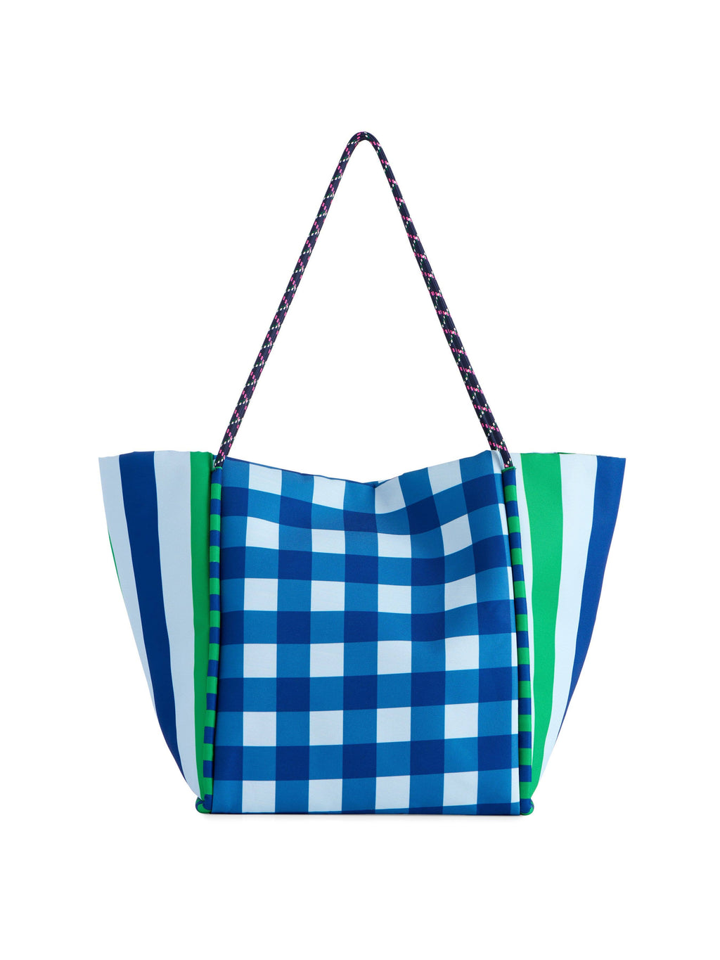 Tote bag with blue and green checkered pattern on a white background
