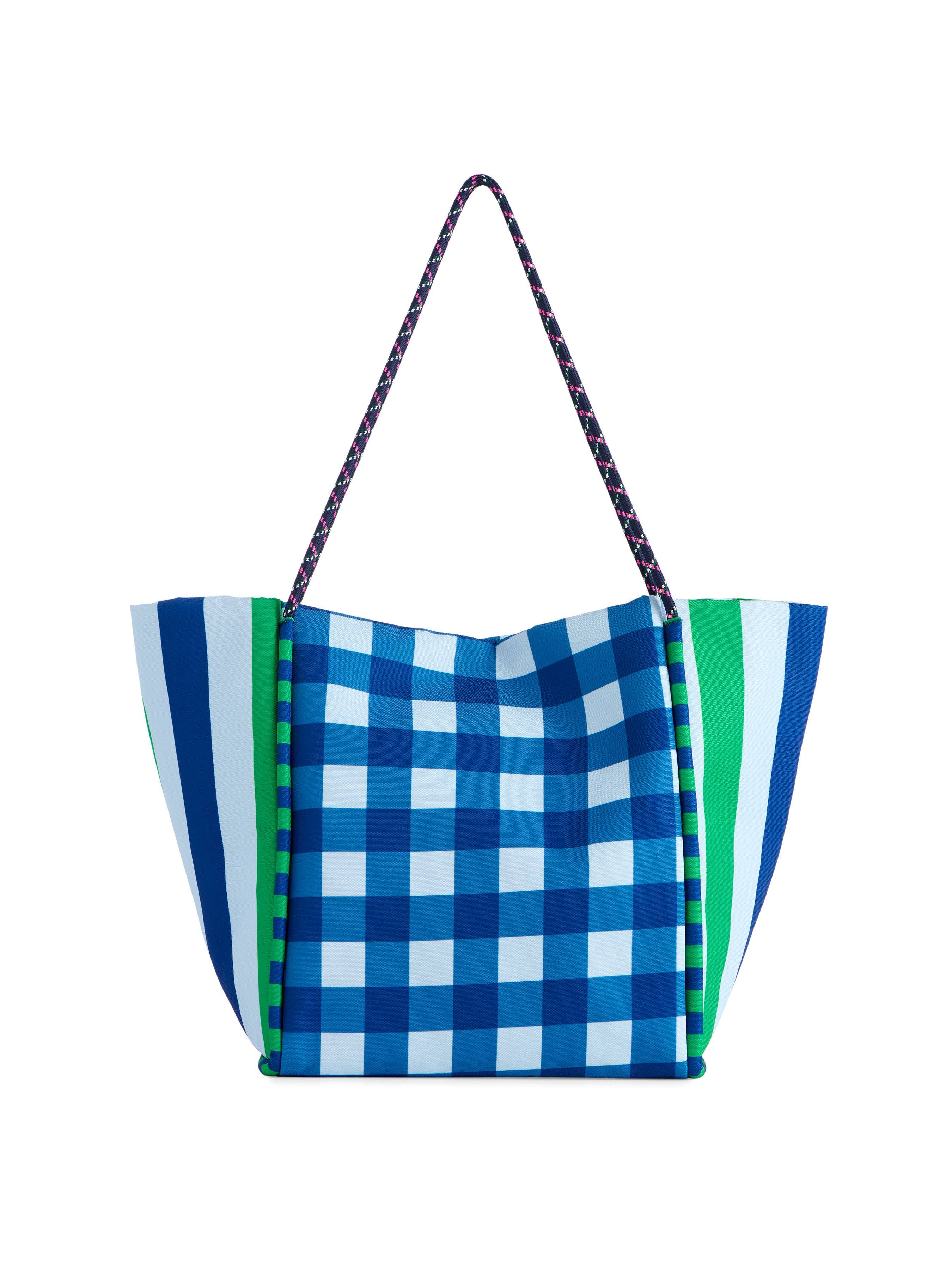 Tote bag with blue and green checkered pattern on a white background