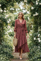Lifestyle image of woman in floral wrap dress with purse walking in garden