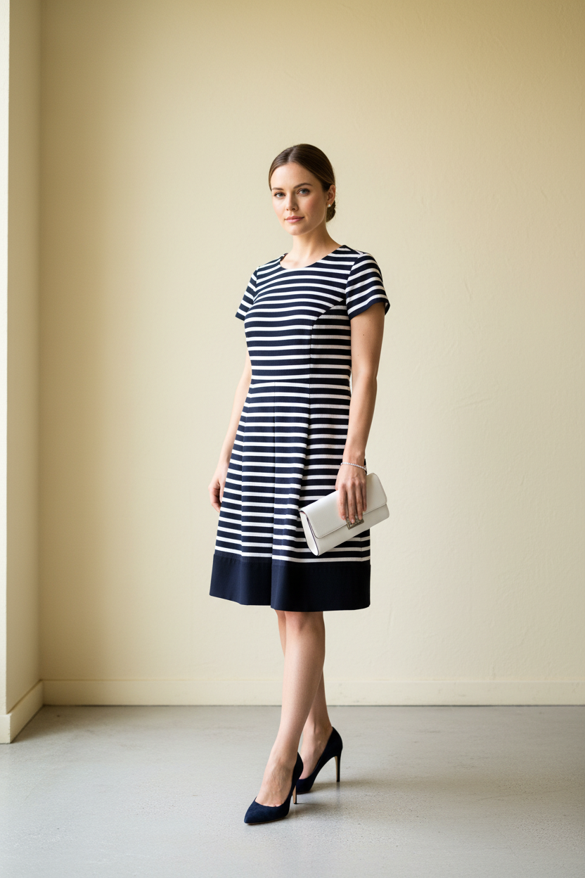 Woman in Navy & White Striped Pleated Dress