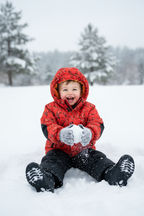 3-year-old boy in red fox puffer jacket playing in snow