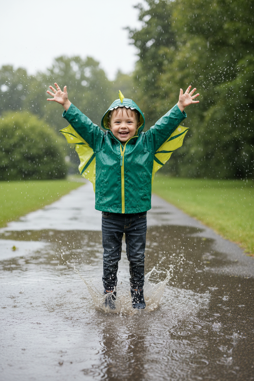Lifestyle image of boy in dragon raincoat with wings attached to sleeves