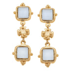 Gold earrings with square stone drops on a white background