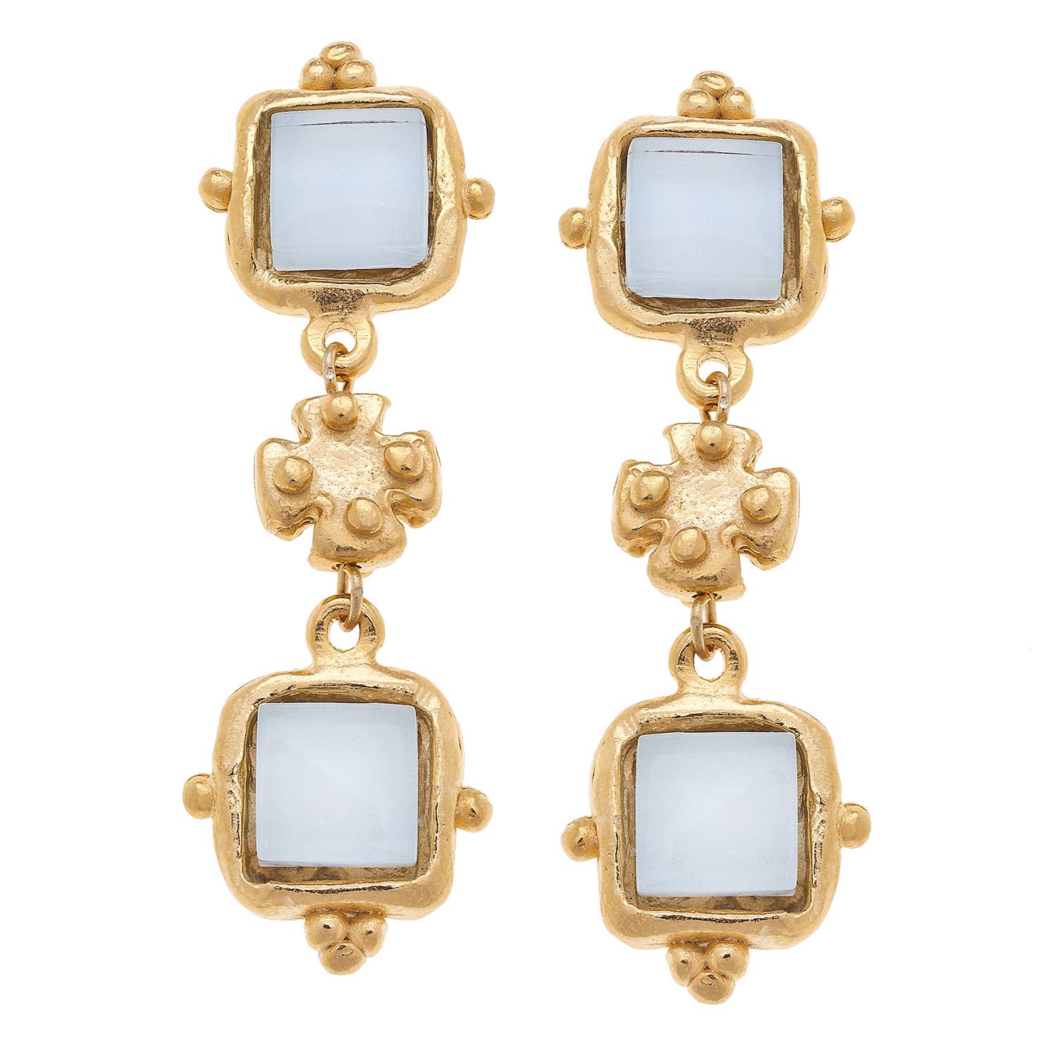 Gold earrings with square stone drops on a white background
