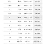 Measurement chart for clothing sizes with dimensions and corresponding measurements.
