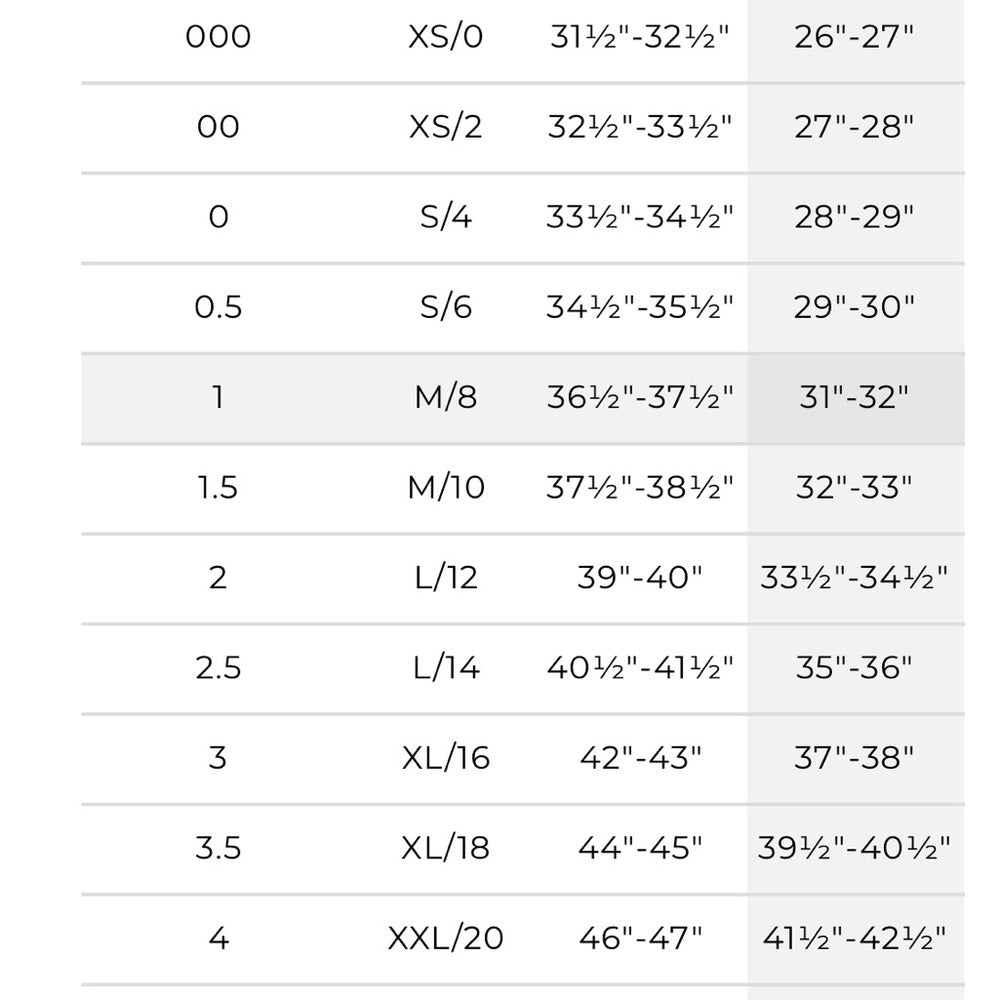 Measurement chart for clothing sizes with dimensions and corresponding measurements.