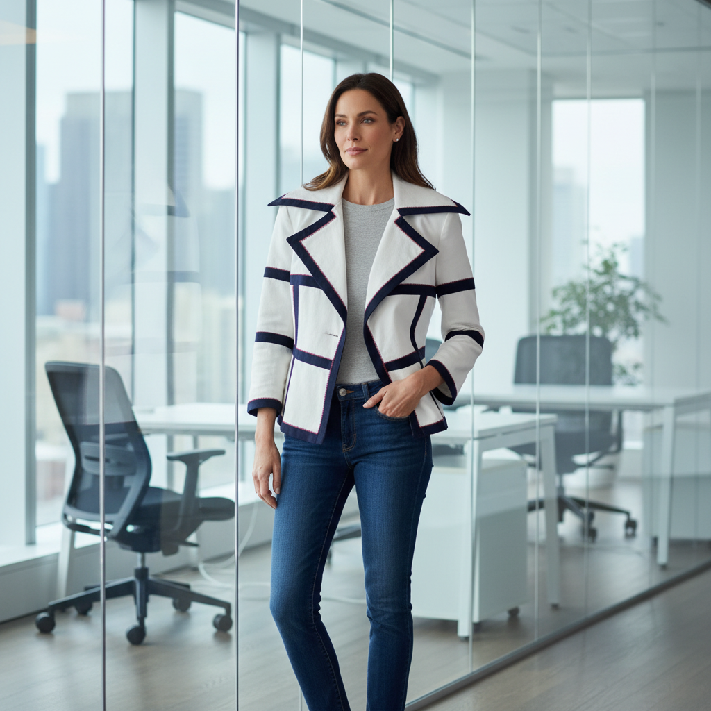 Woman wearing white blazer with navy trim and 3/4 sleeves in office