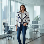 Woman wearing white blazer with navy trim and 3/4 sleeves in office