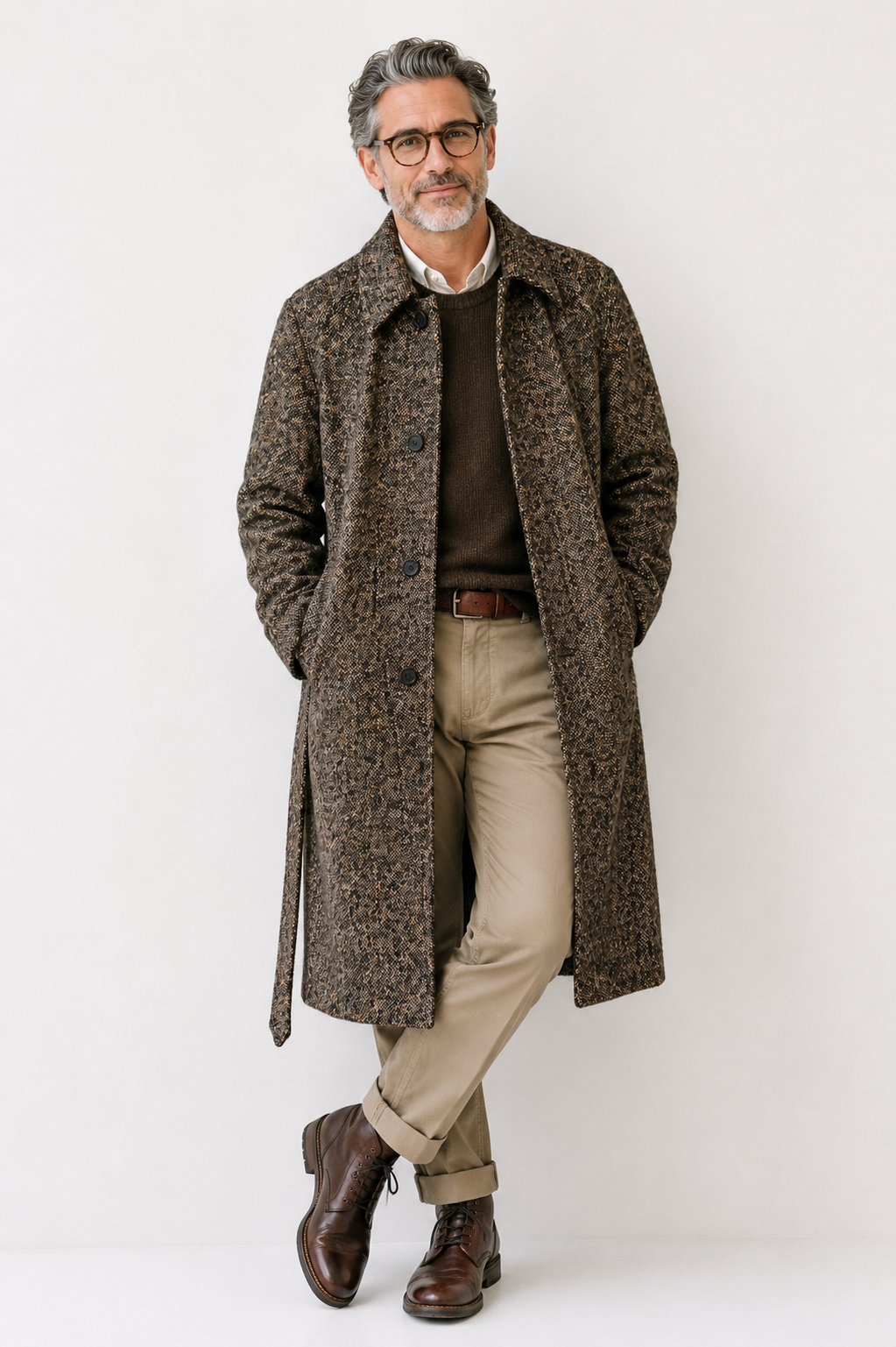 A man wearing a long brown tweed overcoat over a dark brown sweater, beige trousers, and brown leather shoes, standing against a plain off-white studio background.