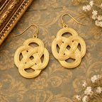 Gold Celtic knot earrings on a decorative background with flowers.