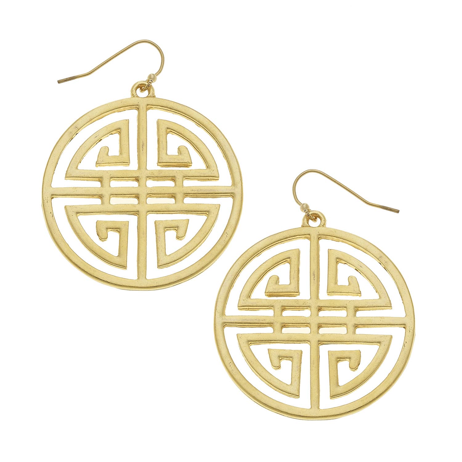Gold circular earrings with intricate designs on a white background