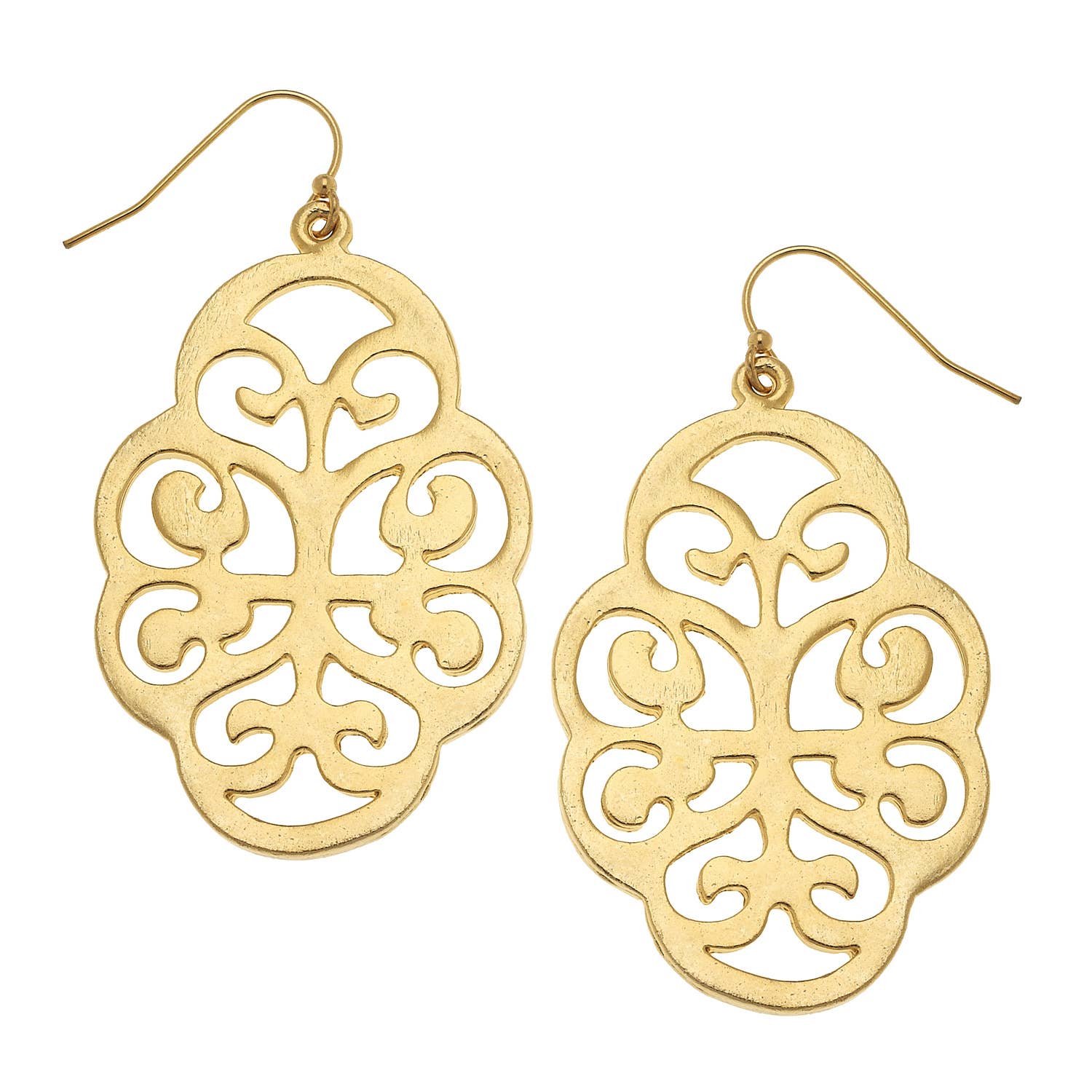 Gold filigree earrings on a white background
