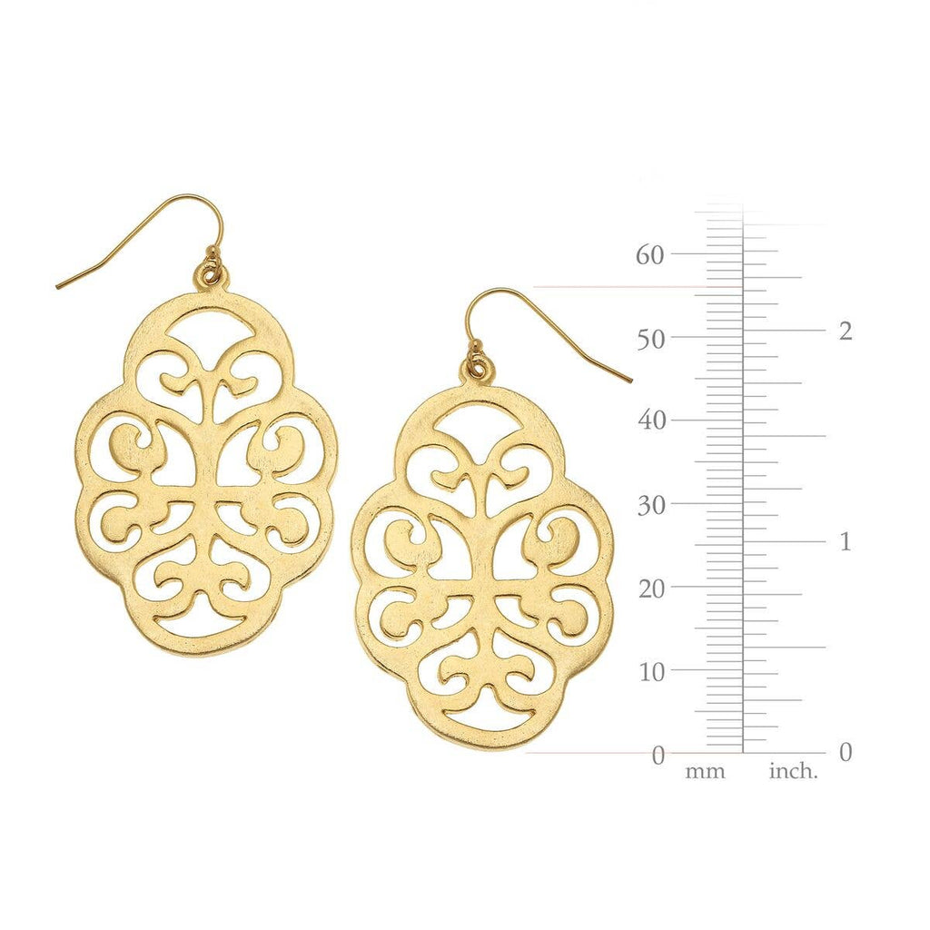 Gold filigree earrings with a measurement scale on a white background