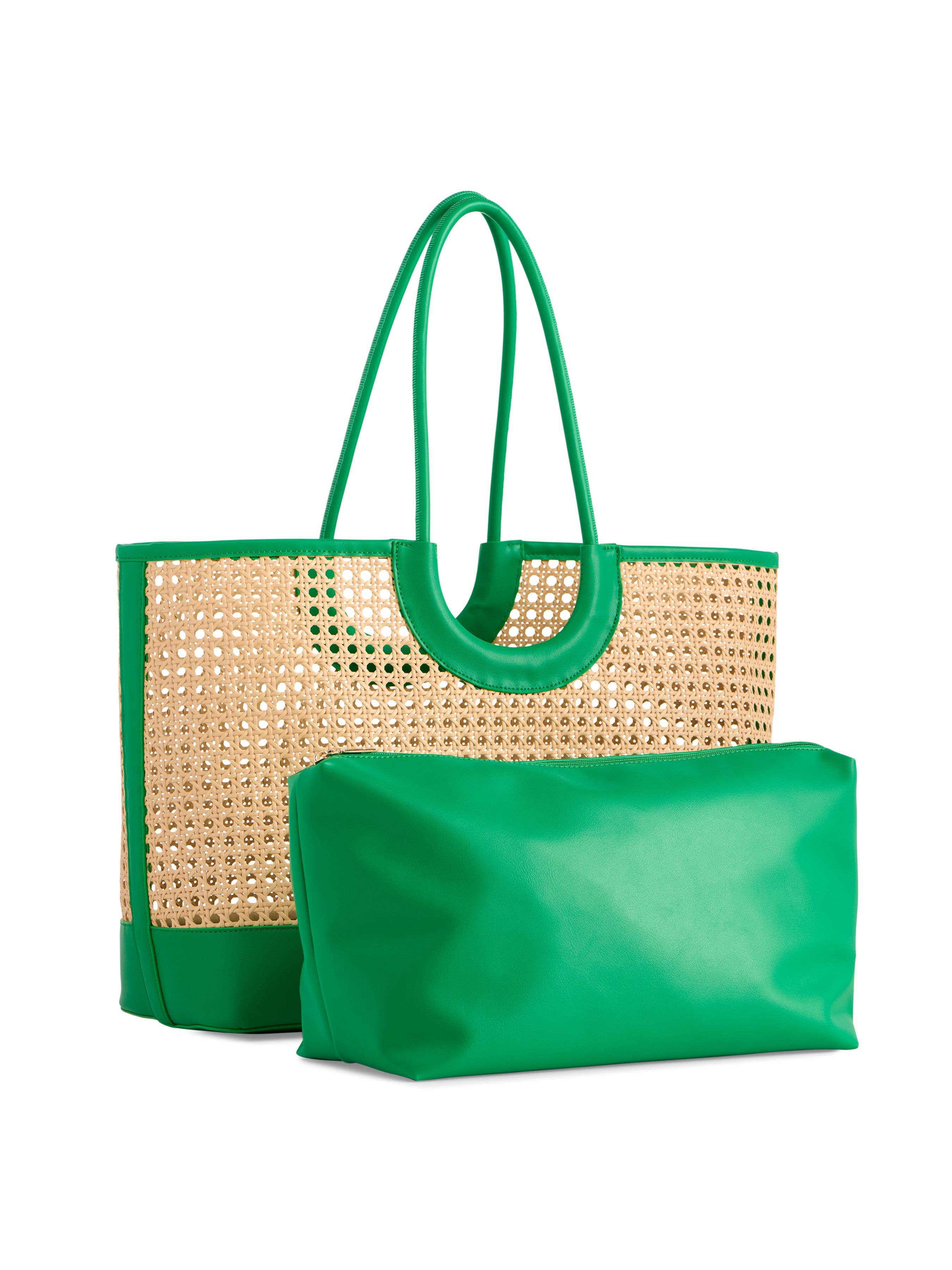 Green woven tote bag with a matching pouch on a white background