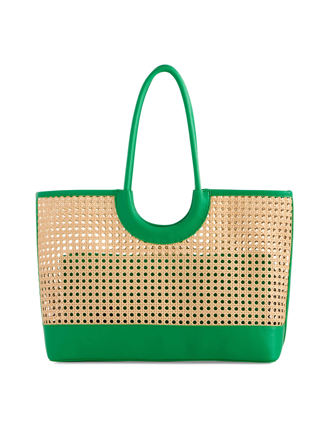 Woven handbag with green handle and base on a white background