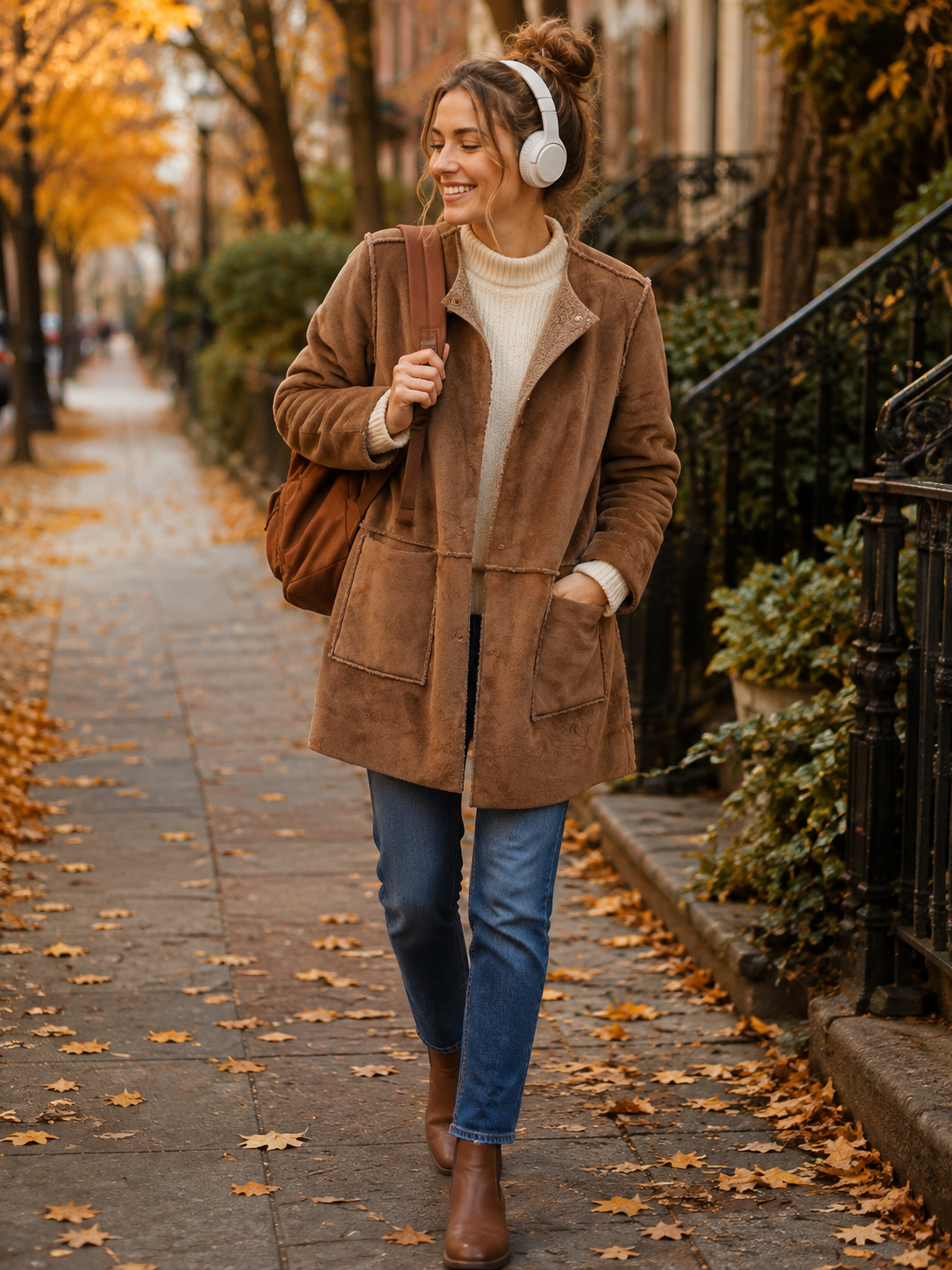 A woman walking on an autumn street wearing a brown suede jacket, cream turtleneck, blue jeans, brown ankle boots, and white over-ear headphones, with a brown shoulder bag.