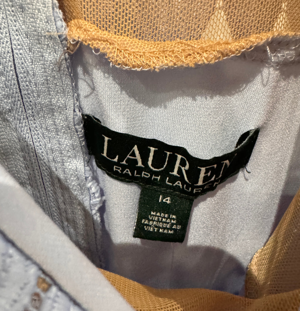 Close-up of the interior neck label of a Ralph Lauren garment, showing the black Ralph Lauren brand tag and a smaller green size tag reading 14, with light gray fabric and tan mesh trim visible around the collar.