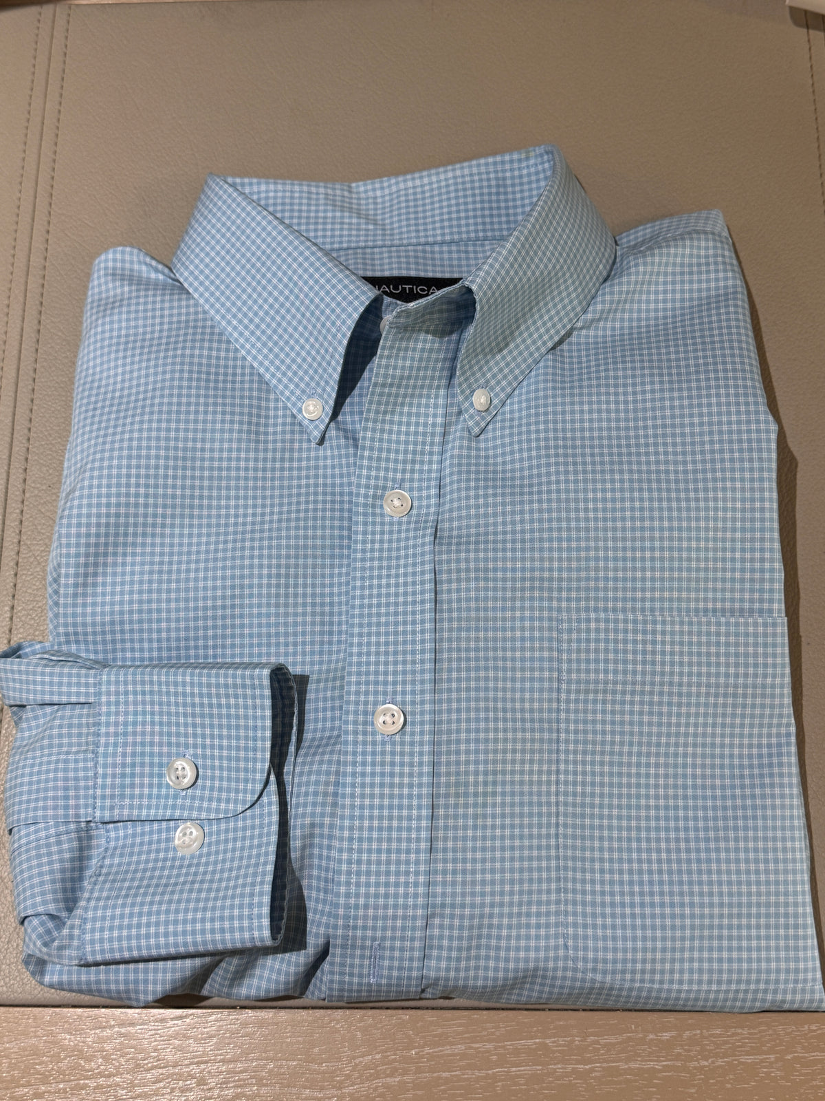 Crisp Classic! Nautica Blue & White Micro Check Dress Shirt