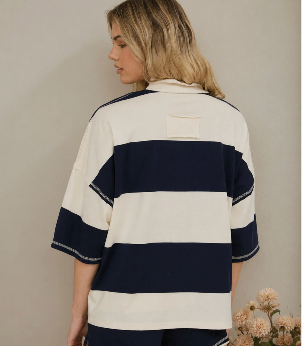 Nautical! J.O.A. Navy & Cream Wide Stripe Mock Neck Knit Top