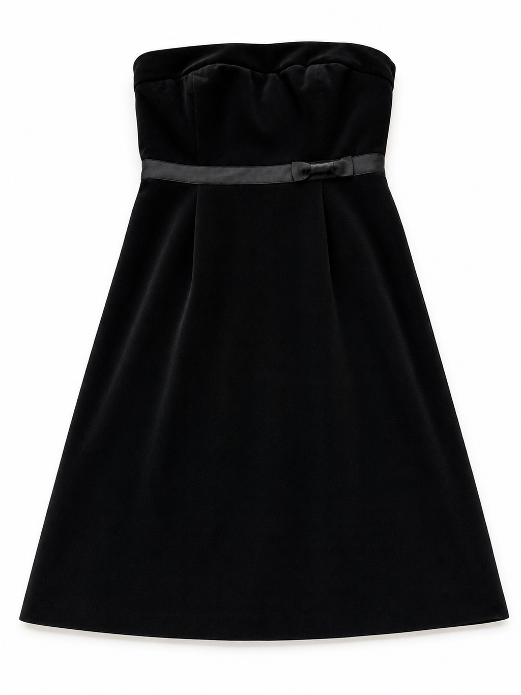 Black strapless dress with a bow detail on a white background