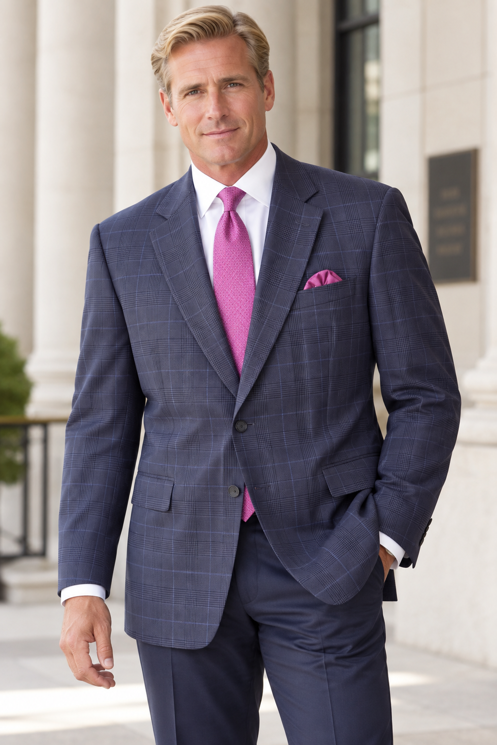 A man wearing a navy blue windowpane plaid suit with a white dress shirt, a bright pink tie, and a matching pink pocket square, standing in front of a light-colored stone building.