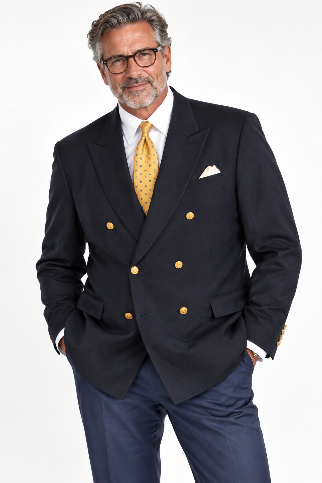 A man wearing a double-breasted navy suit jacket with gold buttons, a white dress shirt, a yellow patterned tie, and navy trousers, photographed against a plain white studio background.
