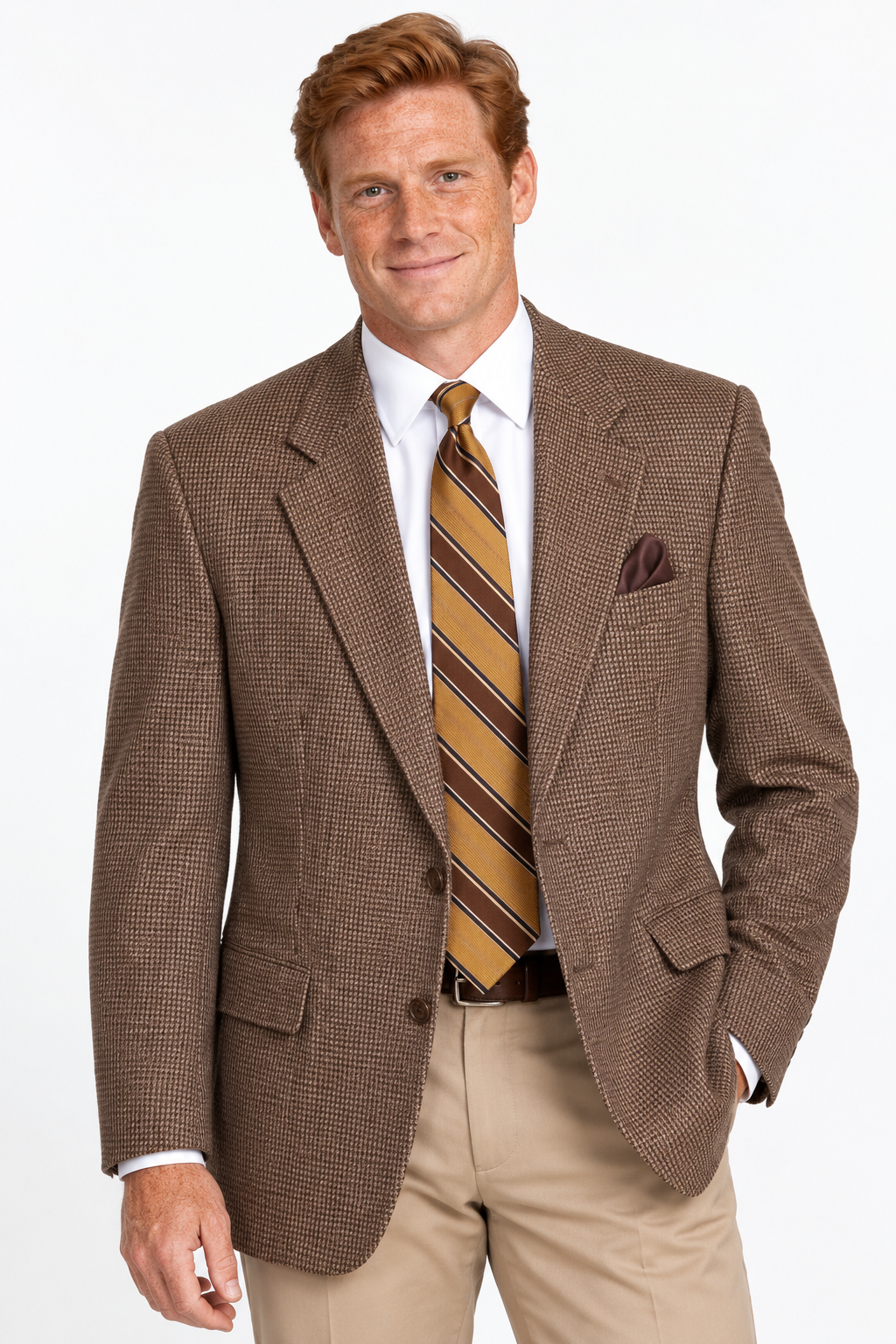 A man wearing a brown houndstooth blazer, white dress shirt, a gold and brown striped tie, and khaki trousers, standing against a plain white background.