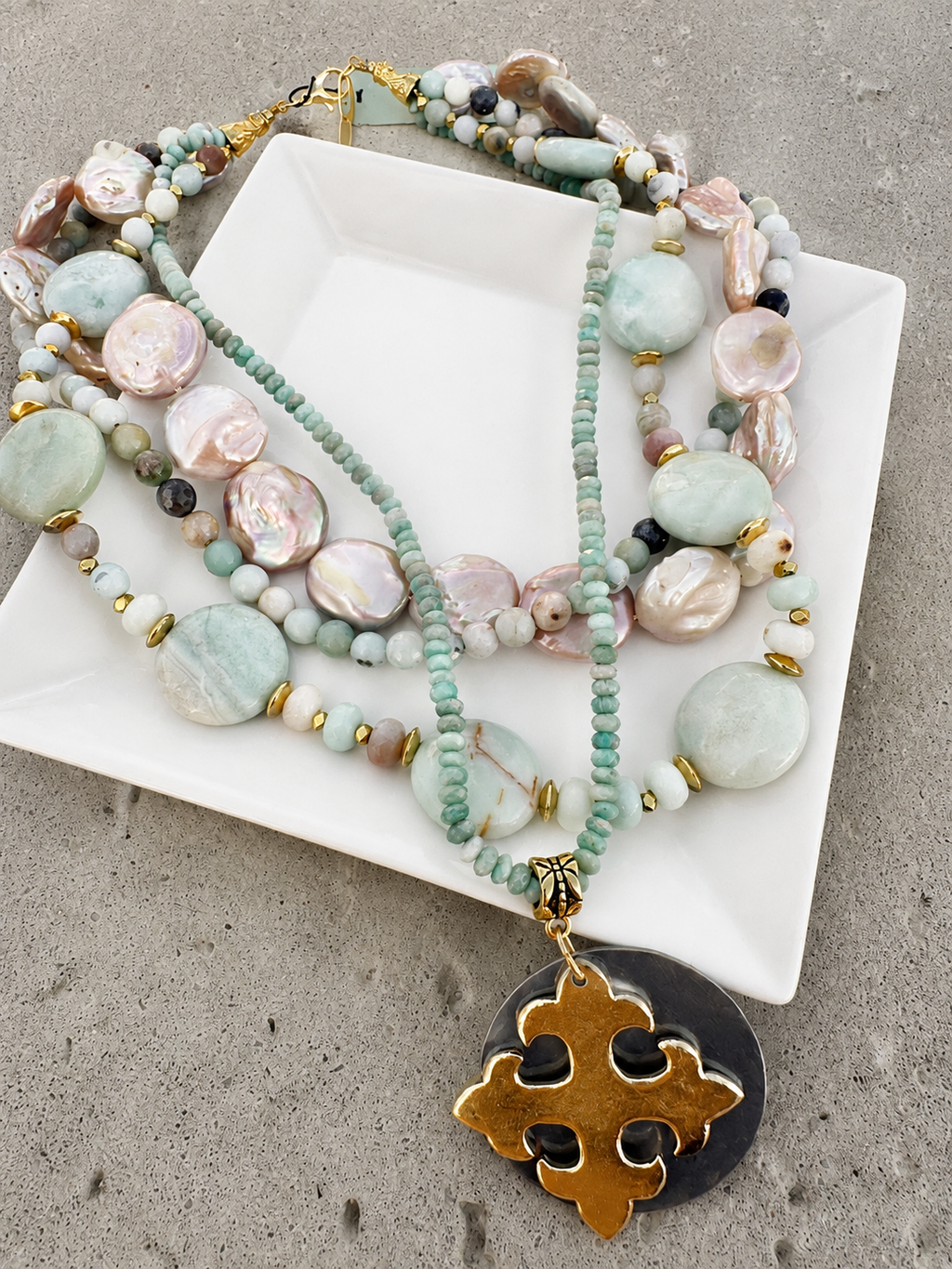 Earthbound! Julio Designs Blue Heron Amazonite Layered Necklace – Multi-Strand Gemstones & Maltese Cross Pendant